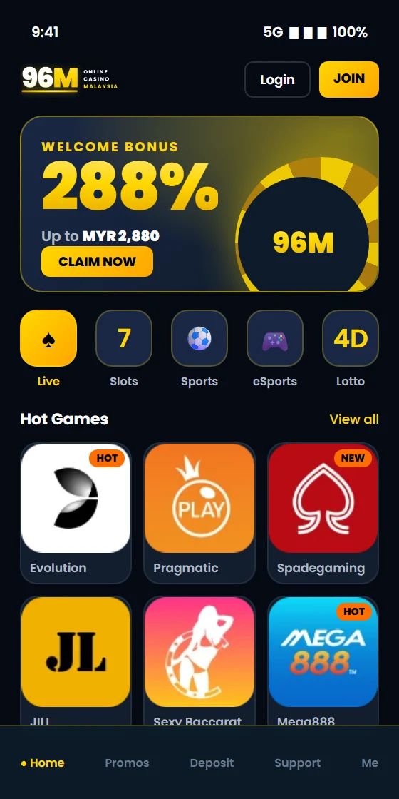 96M Casino app lobby on a mobile phone in Malaysia
